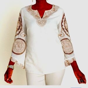 Chico's Linen Cotton Blend Lined Embroidered Blouse Tunic Bell Sleeves 12/14